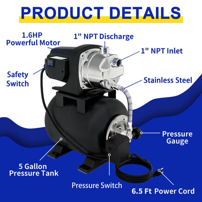 LANCHEZ Shallow Well Pump, Stainless Steel Water Transfer Pump, 115V Garden Irrigation Pump, Water Booster Jet Pump for Home Garden Lawn Farm, Matte black