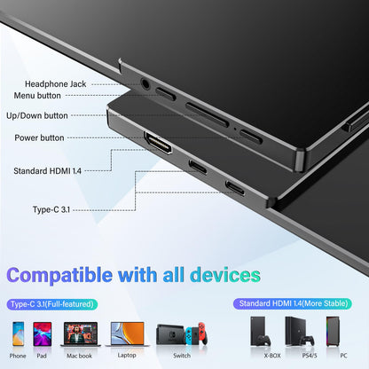 InnoView 15.6'' Portable Monitor for Laptop FHD 1080P USB-C Travel Monitors Built-in 90° Adjustable Stand Without Bag, HDR IPS Portable Laptop Monitor for MacBook PC Phone Xbox PS4/5 Switch