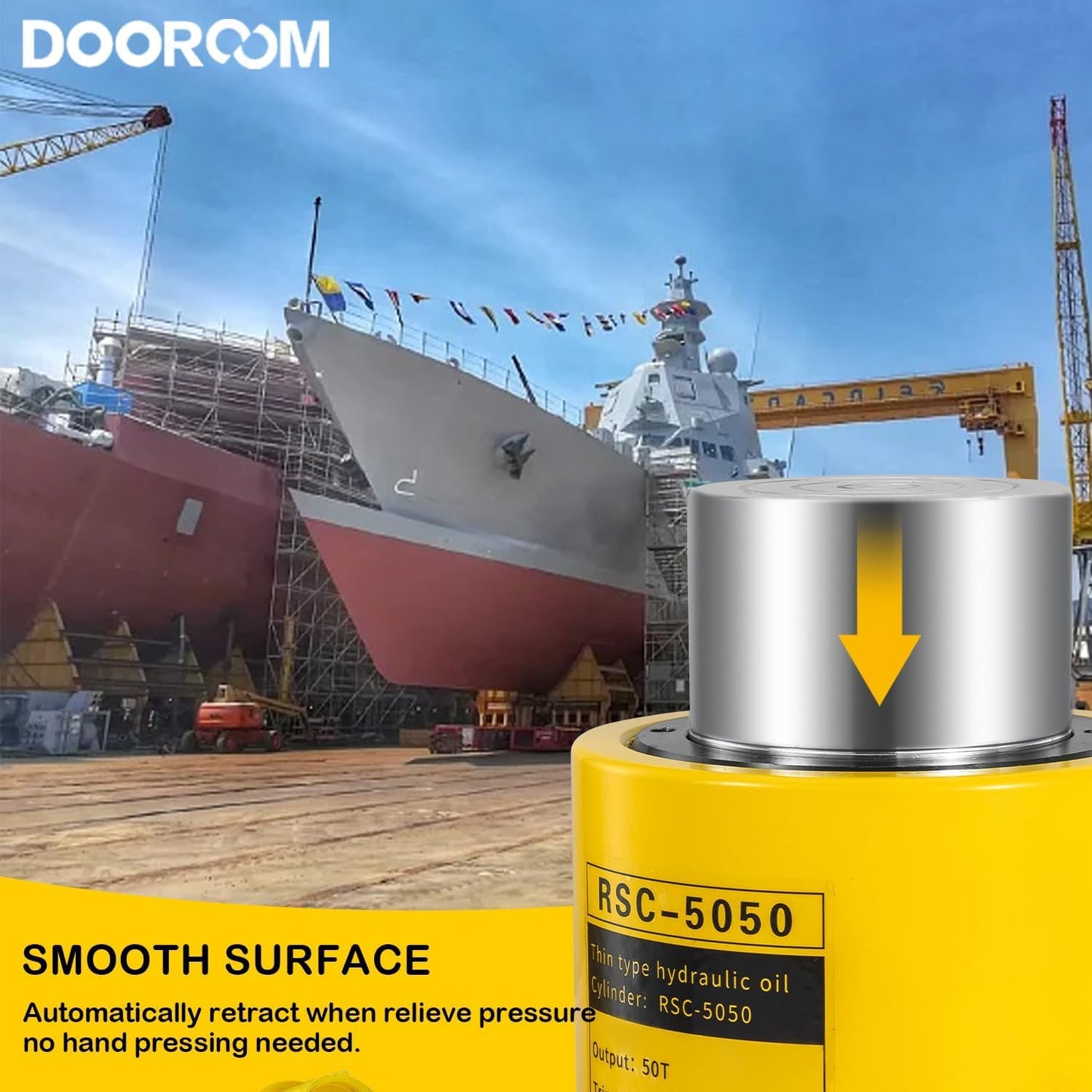 DOOROOM 50 Ton Hydraulic Cylinder Jack, 2' Stroke Hydraulic Ram, Porta Power Automatic Retracting Jack with CP-700, Yellow