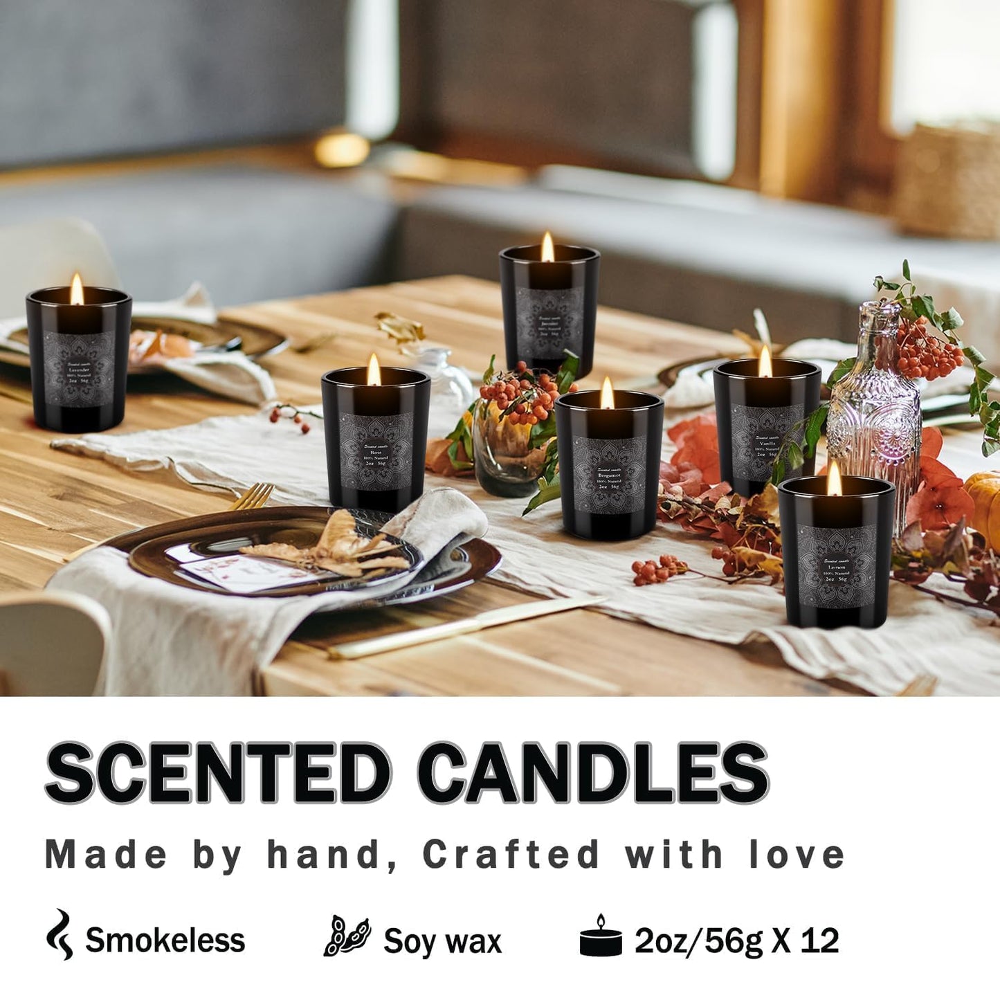 12-Pack Scented Candles Gift Set, 2oz Soy Wax Aromatherapy Candles with 6 Assorted Fragrances, Hand Poured Natural Essential Oil Jar Candles for Home Office Yoga Decor, Birthday Christmas Mother's Day