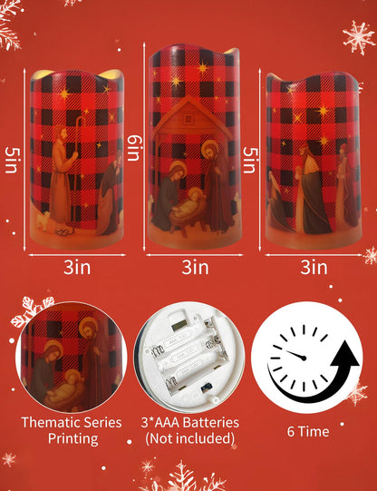 Glflickerow 3Pcs Christmas Red and Black Nativity Scene Flameless Candles LED Pillar Jesus Religion Candle Battery Operated with Timer for Xmas Christian Holiday Table Home Decor Church Party