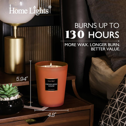 HomeLights Scented Candles - Large Jar Aromatherapy, Natural Soy Wax, 130 Hour Long Burning, Fireside Wood & Glow