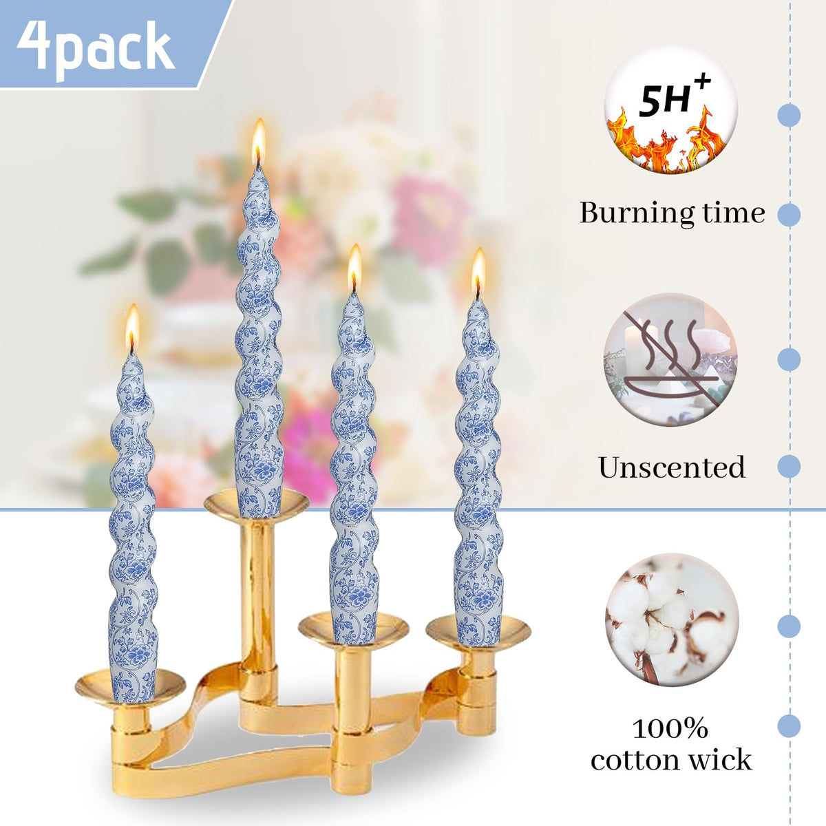Spiral Taper Candles, 7.5 Inch Blue Floral Printed Twisted Candlesticks, Smokeless Handmade Short Candles for Wedding Dinner Home Party Decor, 4 Pack