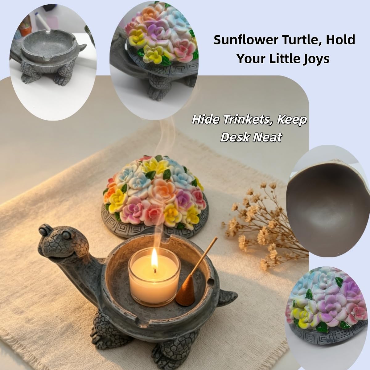 Resin Turtle Decorative Trinket Tray with Lid, 3.5x4.3x5.31 Inch Floral Succulent Style, Easy-Clean Storage Ornament for Aromatherapy Candle, Incense, Home Office Bar Garden