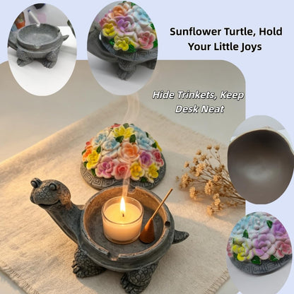 Resin Turtle Decorative Trinket Tray with Lid, 3.5x4.3x5.31 Inch Floral Succulent Style, Easy-Clean Storage Ornament for Aromatherapy Candle, Incense, Home Office Bar Garden