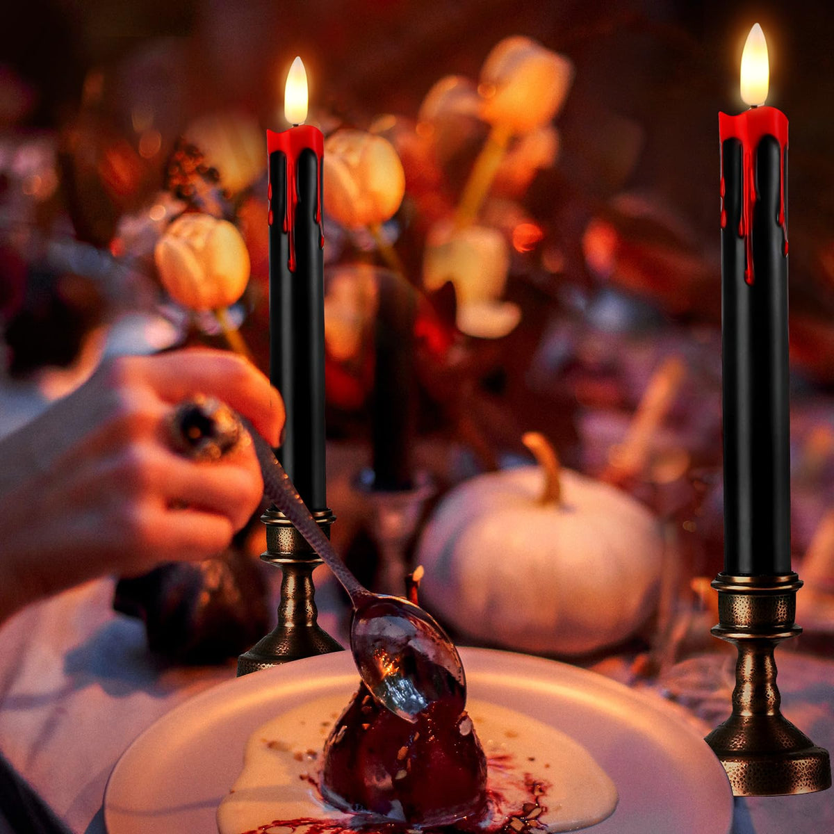 Sratte 6 Sets Halloween Blood Dripping Candle Decoration Led Flameless Candle with Candlestick Holder and Remote Battery Operate Vampire Tears Scary Creepy Decor for Indoor Home (Brown Holder)