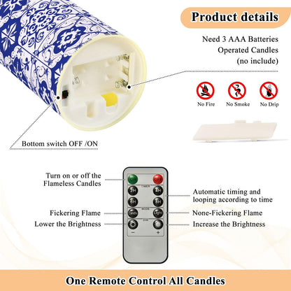 Gravopti Spanish Tiles 2 Pack Flameless LED Pillar Candles with Remote & Timer, Battery Operated, Flickering Wax Candle for Wedding, Romantic Home & Party Decor