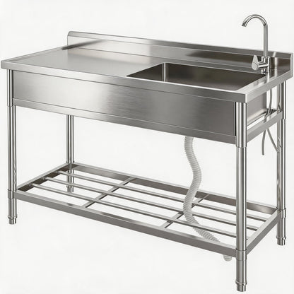 Stainless Steel Utility Sink, 47" x 20" x 37" Free Standing Single Bowl Sink with Faucet, Legs, Cold and Hot Water Pipe for Laundry, Kitchen, Garage, Outdoor, Garden, Heavy-Duty, Easy to Clean