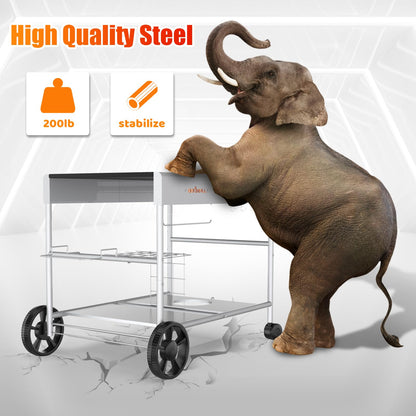BBQMall Upgraded Pizza Oven Cart Table for Ooni Koda/Karu/Fyra 16 & 12, Movable Thicken & Widen Rolling Kitchen Cart, Outdoor Grill Stand for Ninja Woodfire,Blackstone Griddle,Barbecue Tool Set
