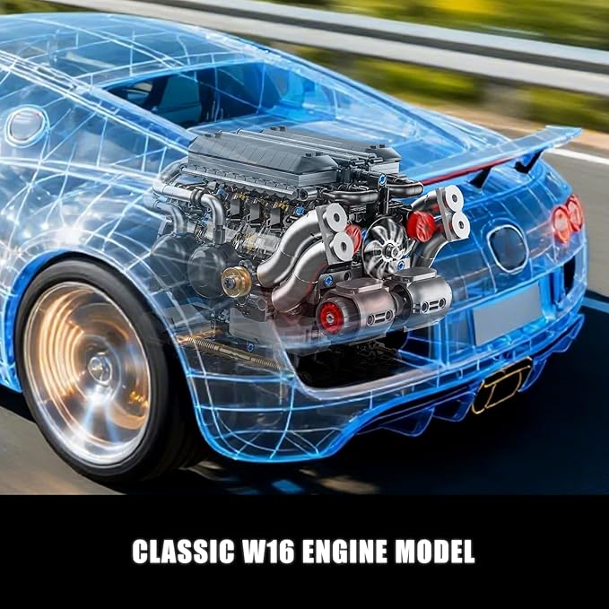 W16 Engine Building Blocks Set for Adults STEM Mini 16-Cylinder Engine Model Kit That Runs Compatible with Lego Car DIY Physical Science Experiment Toy for Teens Boys 8-14+ (801 PCS)