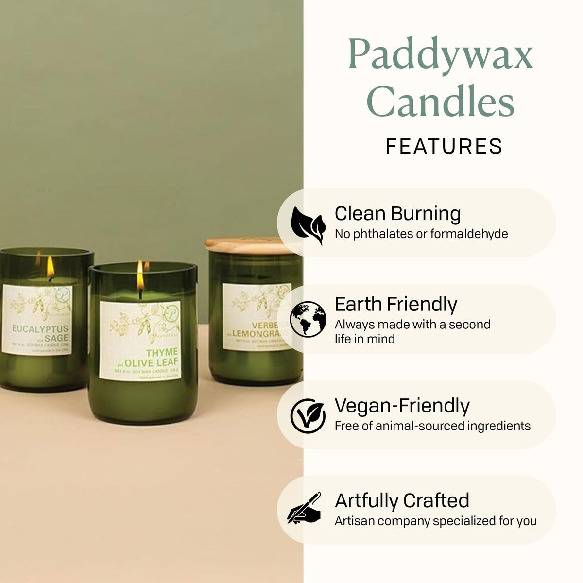 Paddywax Eco Collection Scented Soy Wax Candle in Glass Jar, Mandarin & Lavender Fragrance, Green Vessel with Wood Lid, 8 oz