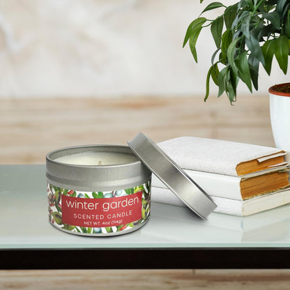 Greenwich Bay Hand-Poured Scented Candle in Decorative Tin – 4 oz/114 g Travel Candle with Lead-Free Wick, Vegetable Wax, Long-Burning Aromatherapy Gift, Single Wick – Made in USA (Winter Garden)