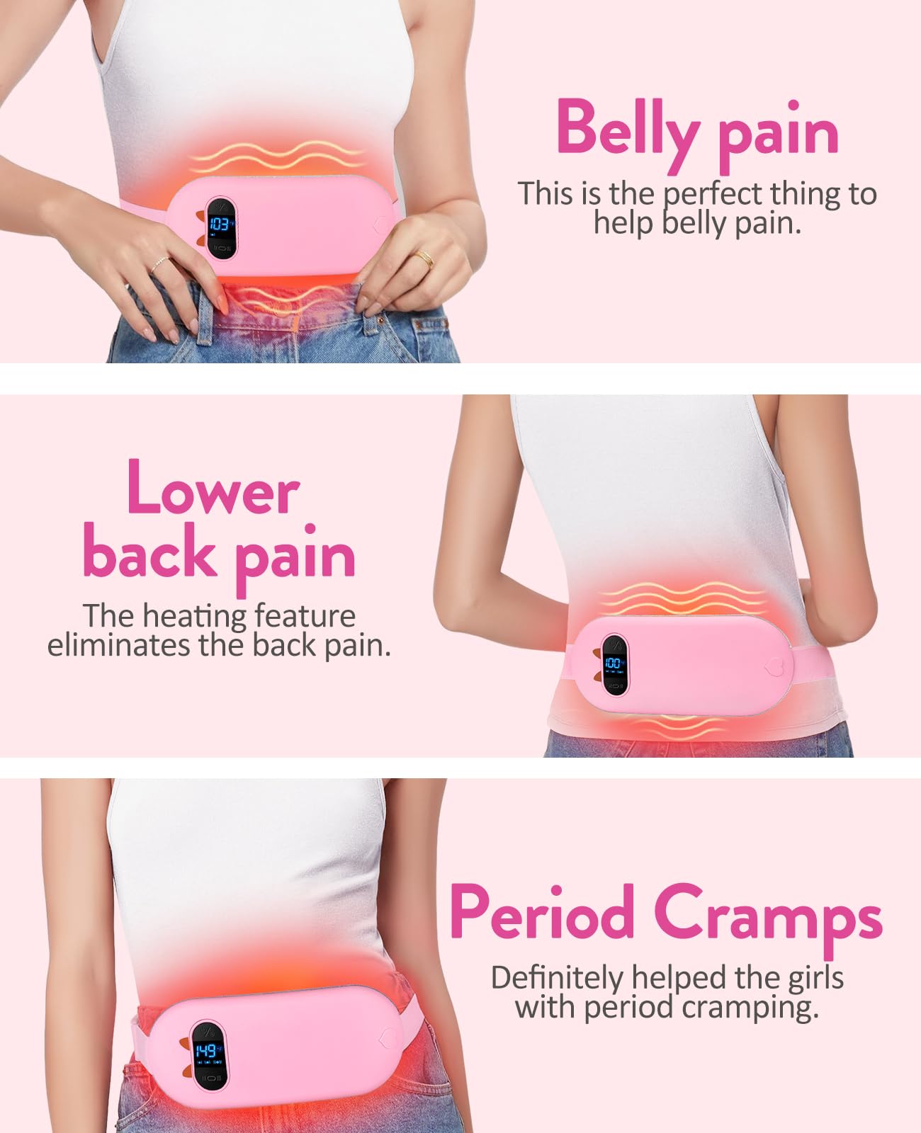 Portable Heating Pad for Period Cramps: Cordless Menstrual Heating Pad with 6 Heat Levels and 6 Massage Modes, 3s Fast Heating Gift for Women and Girl(Pink)