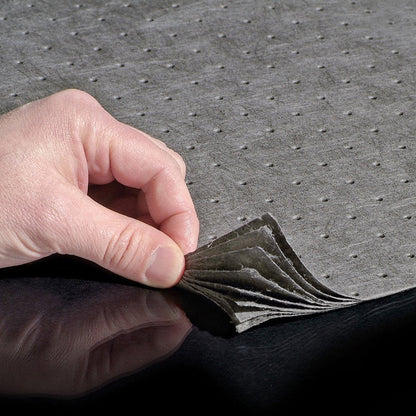 PIG Absorbent Mat Pad in Dispenser Box, 22 oz Absorbency Per Pad, Mediumweight, Absorbs Oils, Coolants, Solvents & Water, (100) 20" x 15" Gray Pads Per Box, MAT154