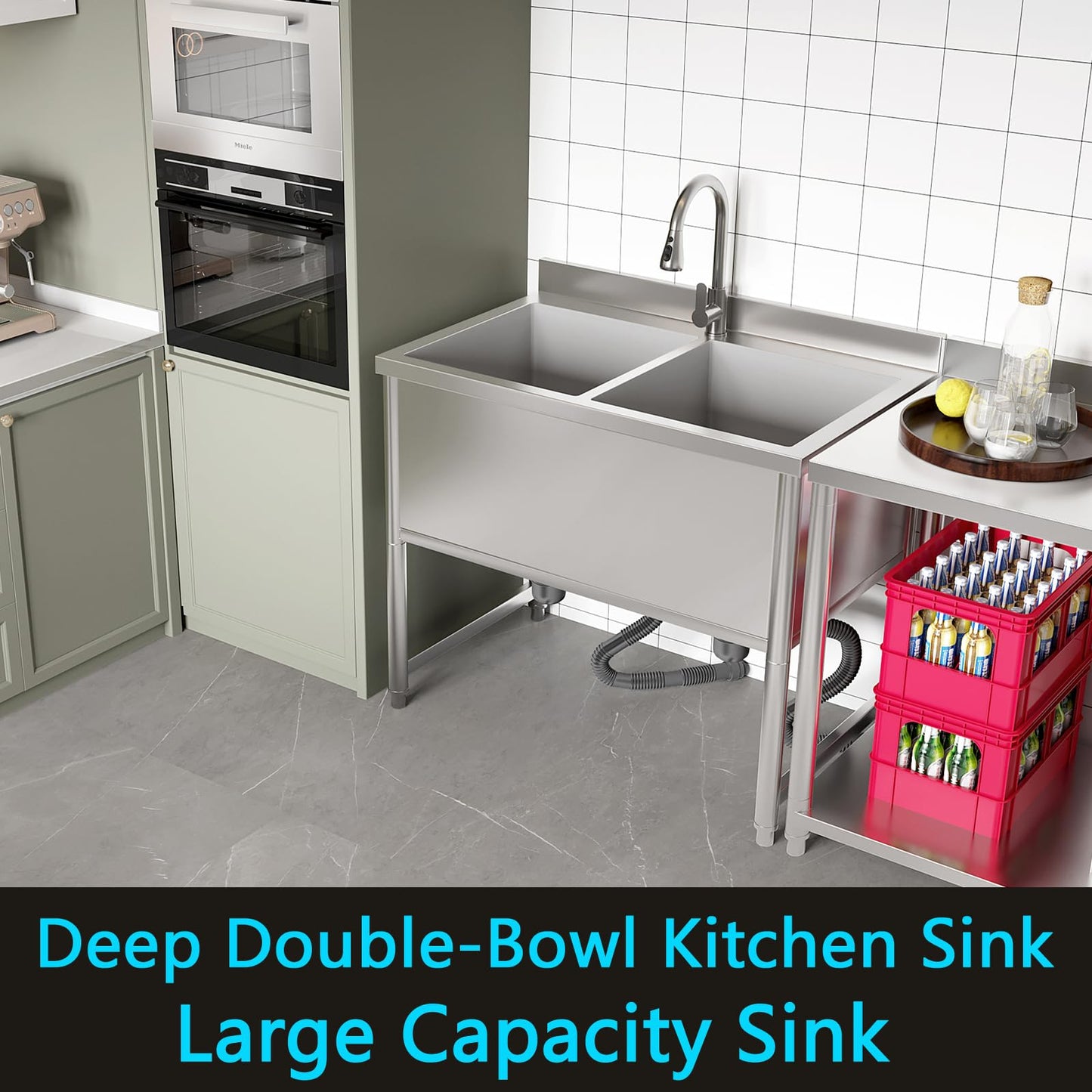 35" Stainless Steel Commercial Sink 2 Bowl Freestanding Kitchen Sink with Pull-out Faucet, Large Utility Sink for Kitchen, Dishwashing, Thawing, Laundry Room, Garage, Outdoor, Total Capacity 36 Gallon