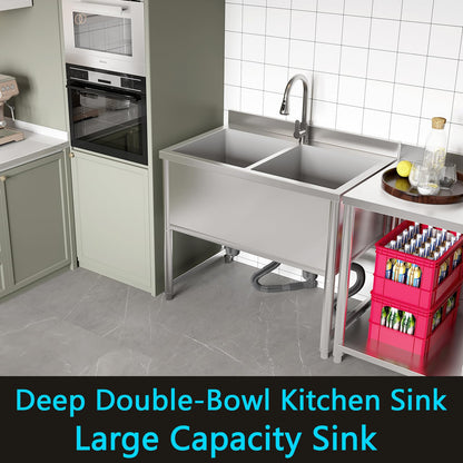 35" Stainless Steel Commercial Sink 2 Bowl Freestanding Kitchen Sink with Pull-out Faucet, Large Utility Sink for Kitchen, Dishwashing, Thawing, Laundry Room, Garage, Outdoor, Total Capacity 36 Gallon