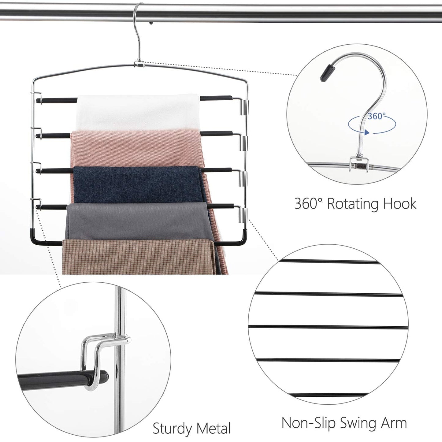 FeeraHozer Pants Hangers Non Slip 3 Pack Space Saving Hangers Multi-Layer Swing Arm Pants Hanger Stainless Steel Space Saver Hanger Closet Storage Organizer for Jeans Trouser Slacks Clothes (Black)