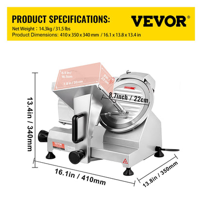 VEVOR Commercial Meat Slicer, 200W Electric Deli Food Slicer, 0-12mm Adjustable Thickness Electric Meat Slicer, 350-400RPM Slicer with 8.7'' Chromium-plated Steel Blade for Home & Commercial Use