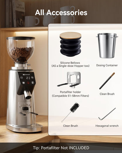 MOKKOM Professional 64mm Flat Burr Coffee Grinder with 100 Grind Settings, All-Metal Stainless Steel Body, Coffee Bean Grinder with Adjustable Electronic Timer, Anti-Static, LED Display