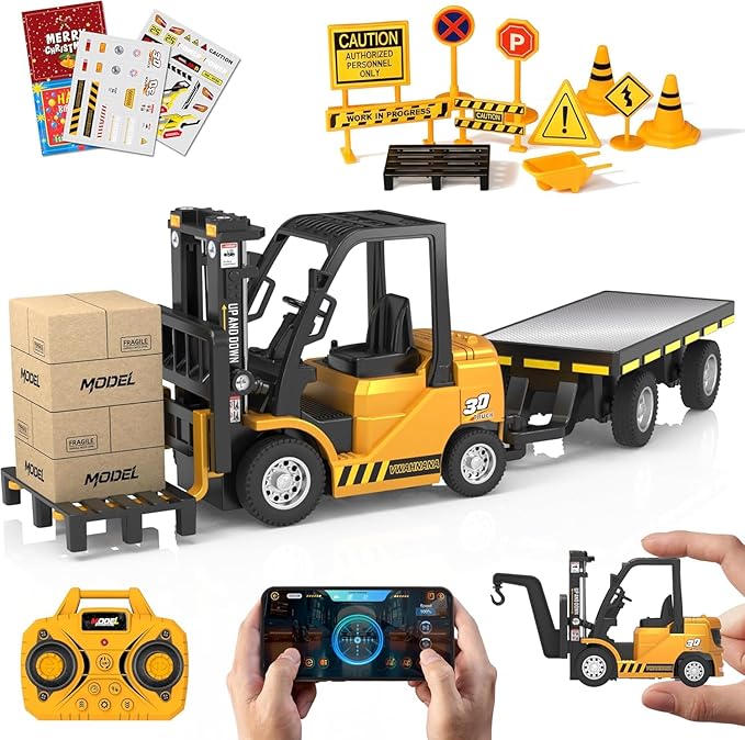 RC Mini Liftable Forklift Toy 1:64 Construction Fork Truck Movable Forks - Scale Mini Remote Control Vehicle Model for Kids Adult Collection &amp Desk Decoration- Yellow