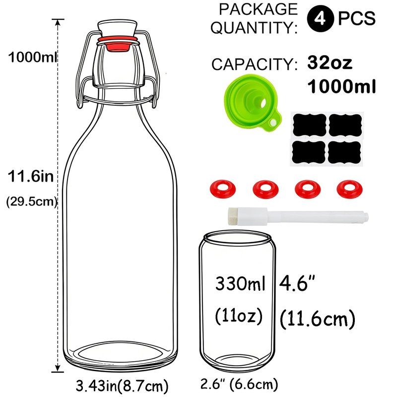 4 Pack Swing Top Glass Bottles 32 oz,Flip Top Glass Bottles 32 oz with Airtight Lids for Home Brewing,Kombucha,Kefir,Vanilla Extract,Beer,Oil,Vinegar,Homemade Juices,Soda,Beverages,2nd Fermentation