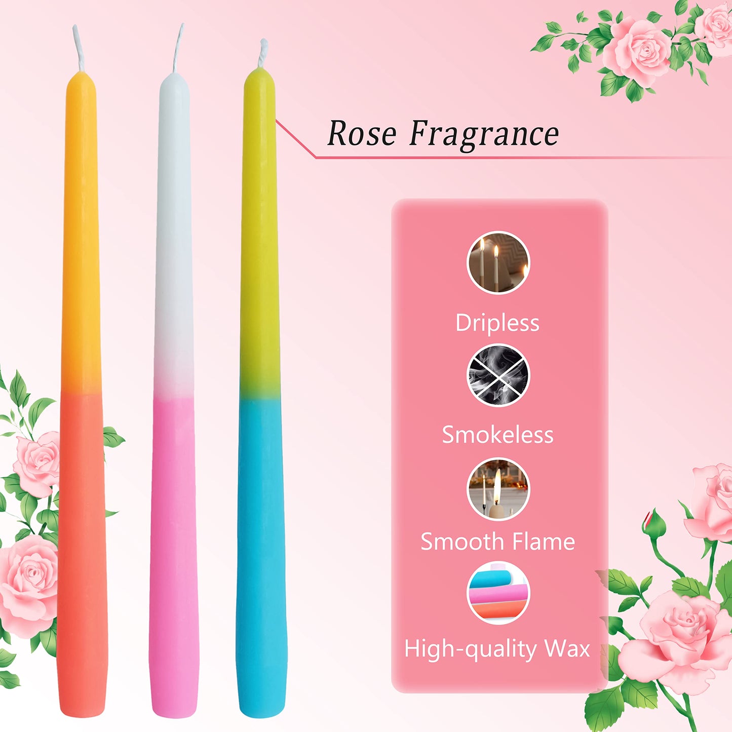 10 Inch Taper Candles Handmade Smokeless Set of 6 – Rose Scent Tapered Candles in Hot Pink, Candle Sticks for Wedding, Home Decor, and Dinner Table
