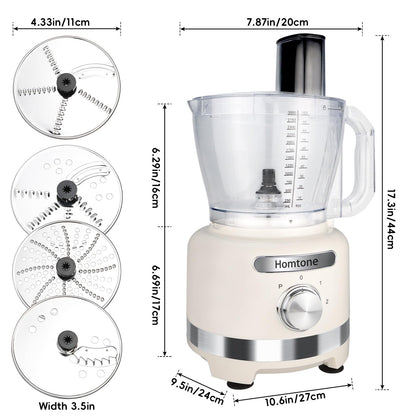 Homtone 16-Cup Food Processor, Heavy-Duty 9-Function Appliance with 7 Blades & 3 Speeds for Dough Kneading, Meat Chopping, Slicing, Shredding & Making French Fries, 600W (White)