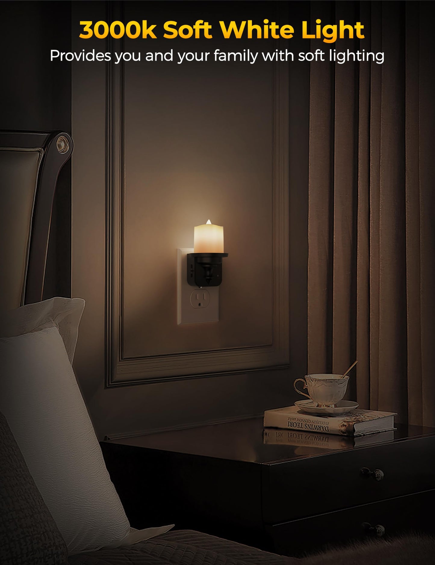 Flameless Candle Night Light, Night Lights Plug into Wall 2 Pack, LED Candle Night Light with Light Sensor, 0-100LM Dimmable Nightlight Plug in, 3000K Soft White Nightlight for Kids Hallway Bathroom