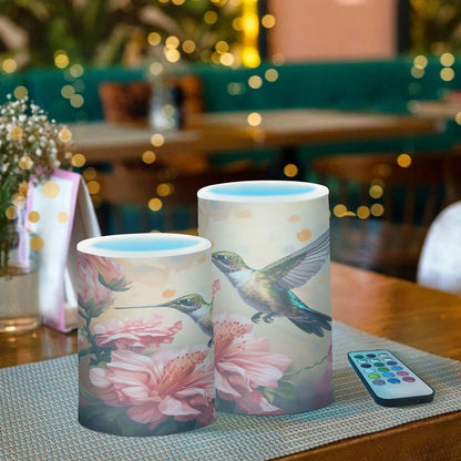 senya Lights Flameless Candles Spring Pink Flower Hummingbird Pillar Candles Set of 2 Battery Operated Remote Control Warm Lights Home Decor