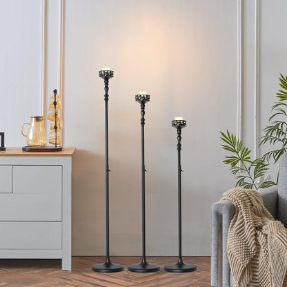Floor Candle Holder Centerpieces for Tables,3Pcs Black Candle Holder for Pillar Candles Matte Metal Candlestick Set for Wedding Party Home Candles Holder for Ceremony Mantel Decor (Adjustable Height