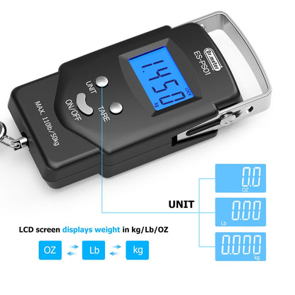 Dr.meter Fish Scale Luggage Scale - PS01 110lb/50kg Backlit LCD Display Digital Scale with Built-in Measuring Tape - Fishing Scale with 2 AAA Batteries, Pocket Size - Fishing Gifts for Men