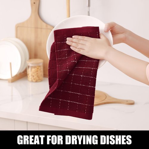 Homaxy 100% Cotton Terry Kitchen Towels(Burgundy Red, 13 x 28 inches), Checkered Designed, Soft and Super Absorbent Dish Towels, 6 Pack