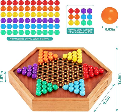 HOLYKING 12.6 Inchs Wooden Chinese Checkers with Drawer-Traditional Board Game with Set of 16mm 60+12 Colorful Acrylic Marbles Classic Strategy Family Game for up to 6 Players
