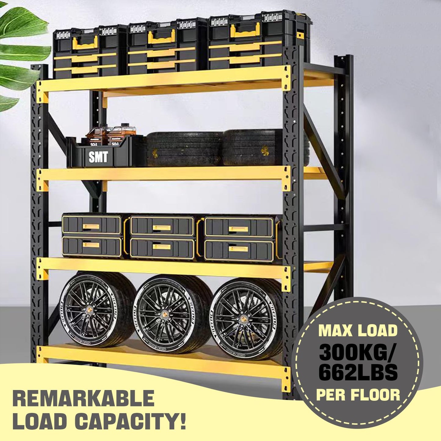 5000lbs Load Capacity,Heavy Duty 4-Tier Steel Shelving Unit, Adjustable Industrial Storage Rack for Garage Warehouse Workshop(Yellow and Black, W78.74*D23.62*H78.74)