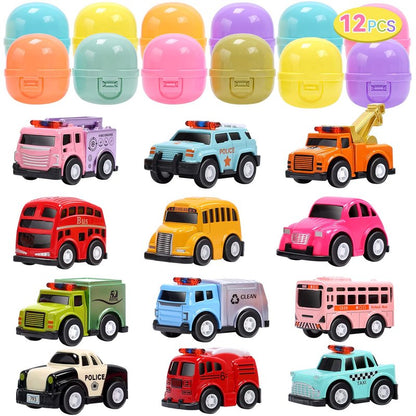 CUTE STONE 12 PCs Filled Easter Egg with Alloy Cars Toy, Easter Basket Stuffers Toys Party Favors for Toddler, Kids