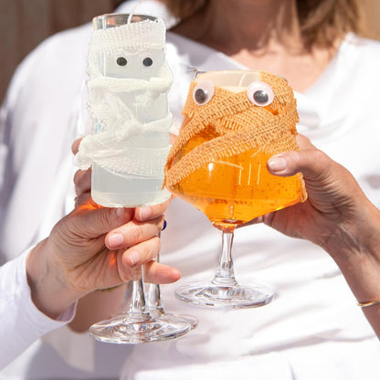 Candle Halloween Mummy Wine Glass Decorations, Summerween Orange and White Party Glasses with Googly Eyes, Spooky Candle Set, 2 Pack