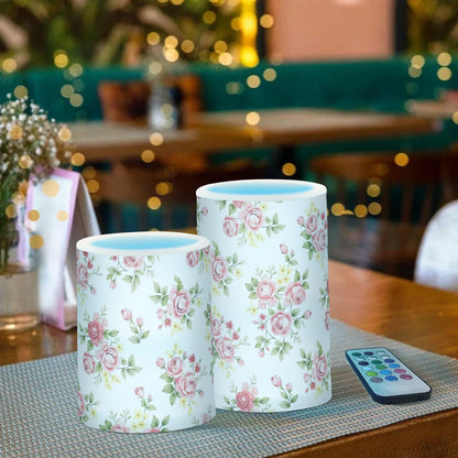 Lights Flameless Candles Pink Rose Flower Floral Pillar Candles Set of 2 Battery Operated Remote Control Warm Lights Home Decor
