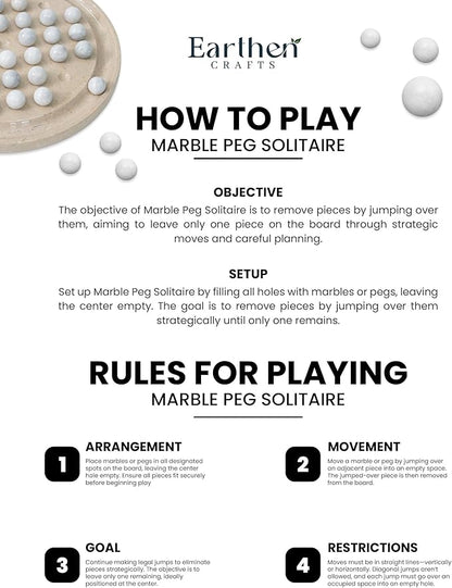 Marble Peg Solitaire Board Game 10 Inches Beige Stone Game with 42 White Assorted Marble Balls Classic Brain Puzzle for Fun Elegant Decor for Family Only