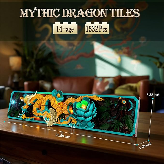 JMBricklayer Mythic Dragon Tiles Building Block Sets with LED Lights for Adults 70020 Wall Art Crafts Frame Building Sets Home &amp Office Decor Dragon Kits with Flowers Creative Gifts for Men Wo