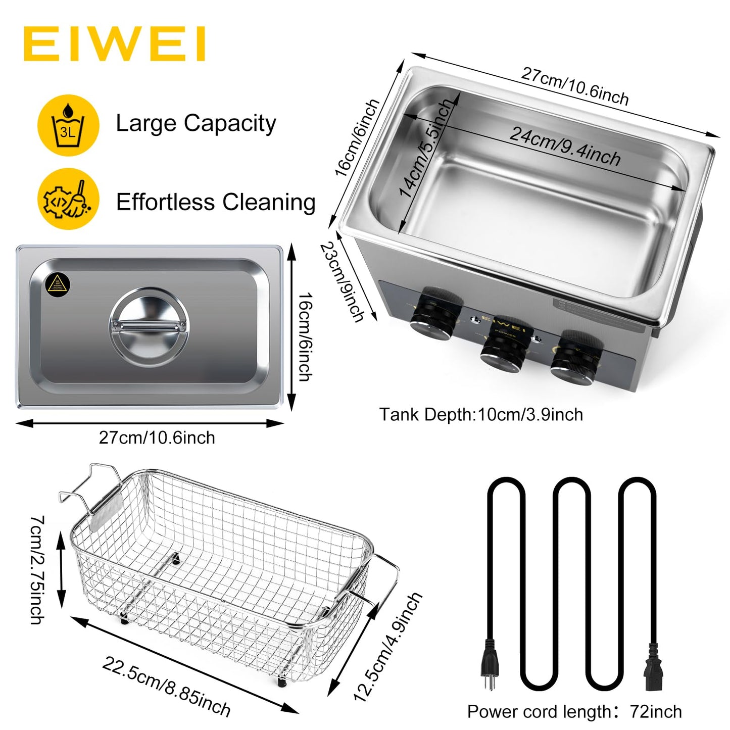 EIWEI 3L Ultrasonic Cleaner Professional Power-Adjustable Knob Jewelry Cleaning Machine with Heater Timer for Carburetor, Jewelry, Glasses, Dentures, Circuit Boards, Automotive Parts