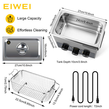 EIWEI 3L Ultrasonic Cleaner Professional Power-Adjustable Knob Jewelry Cleaning Machine with Heater Timer for Carburetor, Jewelry, Glasses, Dentures, Circuit Boards, Automotive Parts