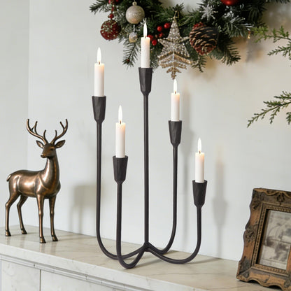 Mofunci Cast Iron 5-Candle Candelabra Centerpieces for Tables, Black Candle Holders Wedding Event 17.6 inch Tall Hand-Forged Candlestick Holders for Dining Room, Living Room or Mantel