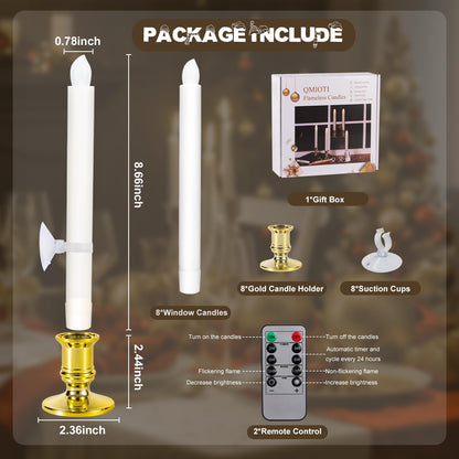 Qmioti 8 Pack Christmas Window Candles, Battery Operated Window Candles with Timer Remote, LED Window Candle with Candle Holders Suction Cupsfor Christmas Decorations, Gold