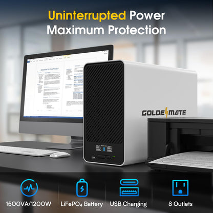 GOLDENMATE 1500VA/1200W Lithium UPS Battery Backup and Surge Protector, Backup Battery Power Supply with LiFePO4 Batteries(296Wh), AVR, Line Interactive Sinewave UPS System, 8 Outlets, LCD Display