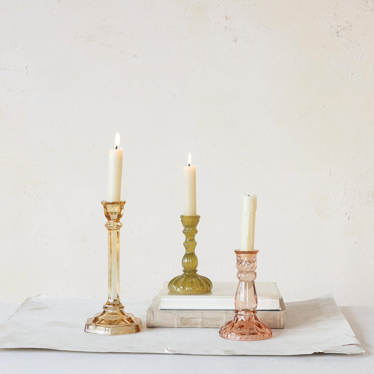 Creative Co-Op Tall Embossed Reclaimed Glass Taper Holder, Chartreuse
