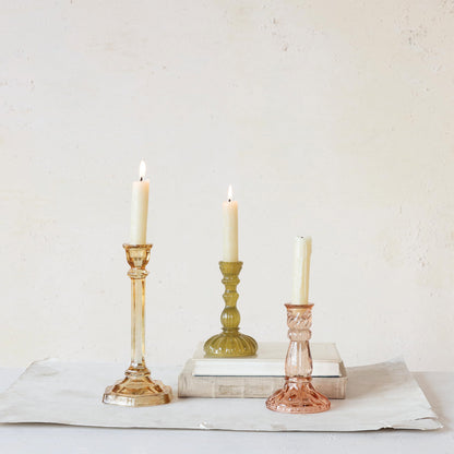 Creative Co-Op Tall Embossed Reclaimed Glass Taper Holder, Chartreuse