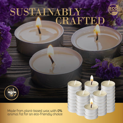 L’ner 1.5 Hour MINI Tealight Unscented Candles, 100 Pack – Smokeless & Dripless Tea Lights, Plant-Based Wax, Lead-Free Cotton Wick – Premium Quality Tea Light for Shabbat, Memorial, Home, Weddings