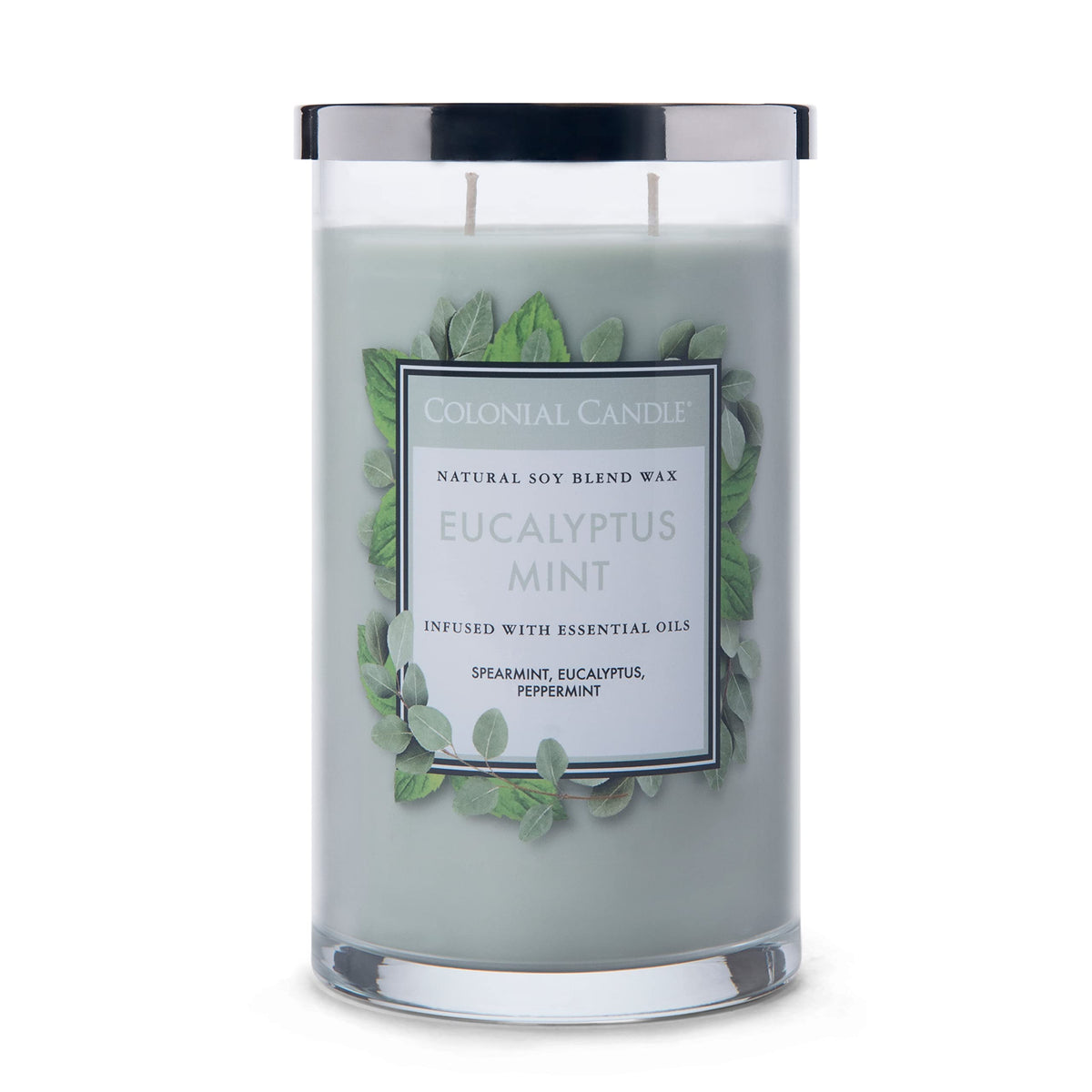 Colonial Candle Eucalyptus Mint Scented Jar Candle, Classic Cylinders Collection, 2 Wick, Green, 19 oz - Up to 120 Hours Burn