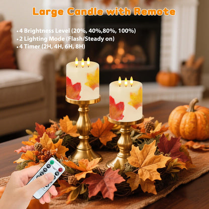 Large 3 Wick Flameless Candles, 4"x4" Flickering Maple Leaves LED Candles with Remote & Timer, Real Wax Electric Pillar Candles Battery Operated, Fall Candles for Thanksgiving Harvest Autumn Decor