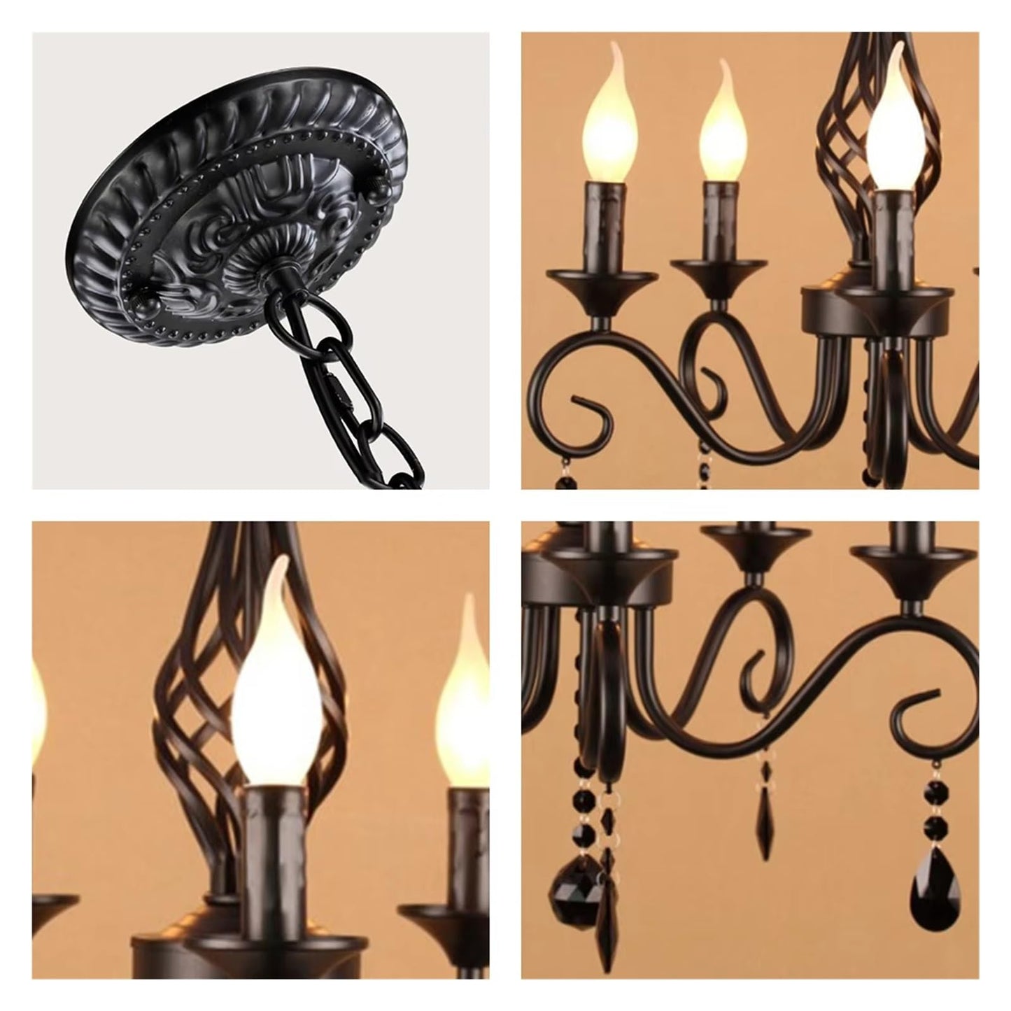 LED Metal Chandeliers 5 Lights Black Crystal Candle Chandelier Industrial Vintage Lighting Fixture Hanging Lamp,Comfortable Lighting